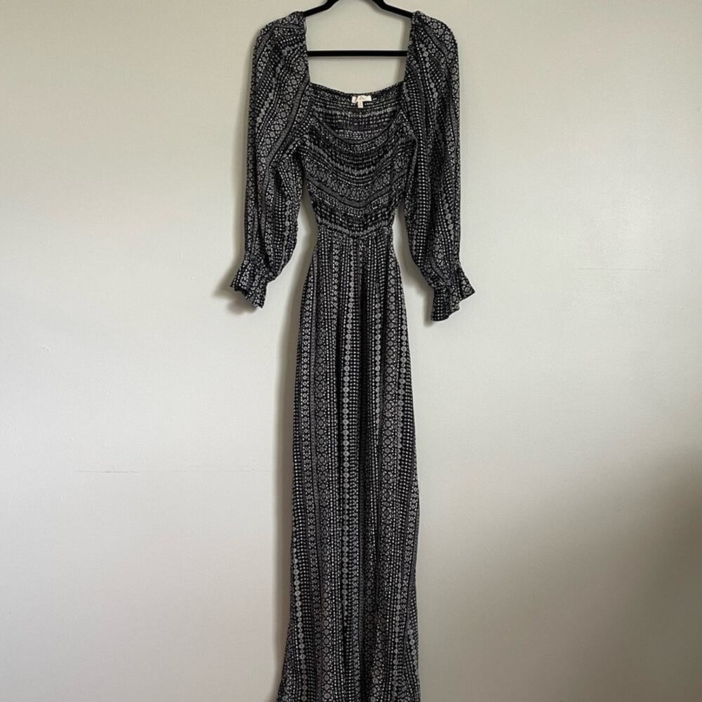 Promesa Black White Boho Patterned Maxi Dress Size M Backless Smocked Bishop